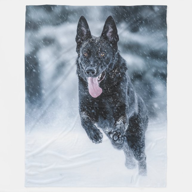 Black German Shepherd in snow Duvet Cover Fleece Blanket (Front)