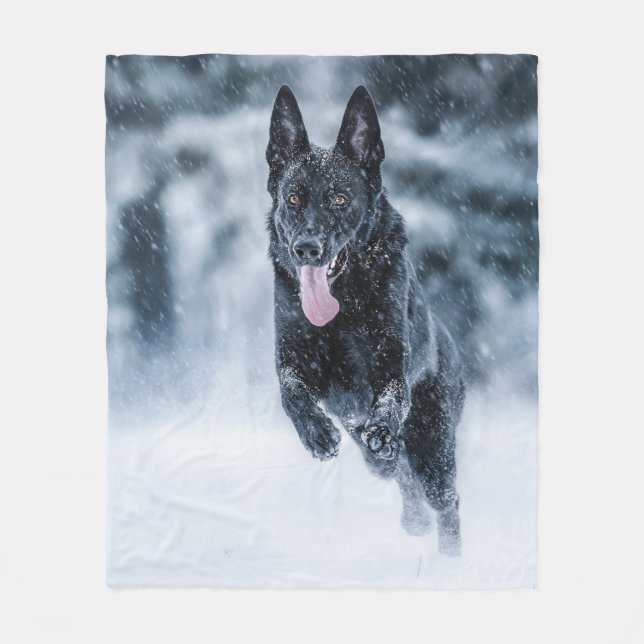Black German Shepherd in snow Duvet Cover Fleece Blanket (Front)