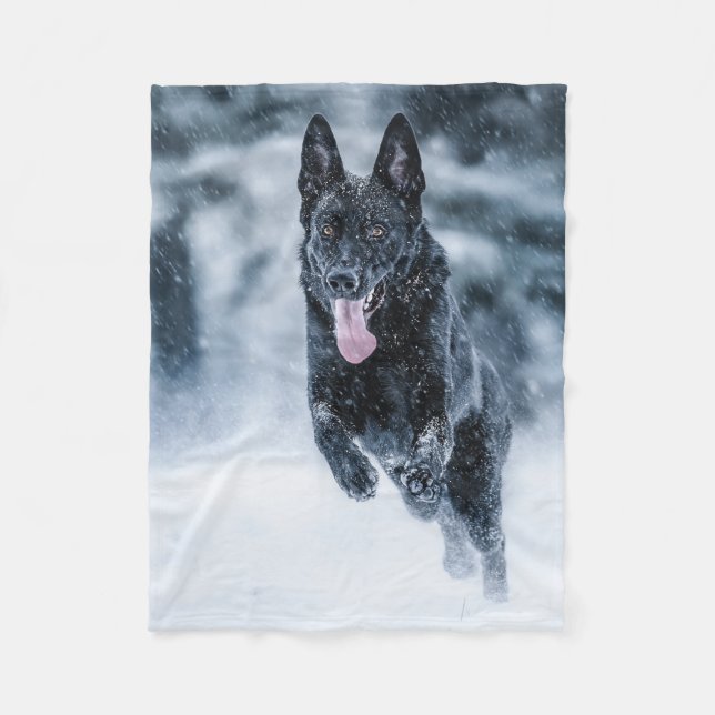 Black German Shepherd in snow Duvet Cover Fleece Blanket (Front)