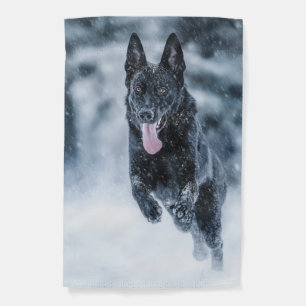 Black German Shepherd in snow Duvet Cover Garden Flag