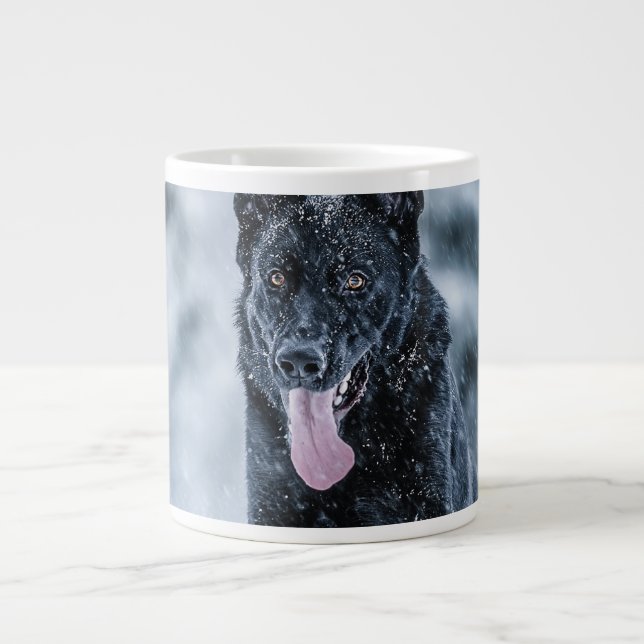 Black German Shepherd in snow Duvet Cover Giant Coffee Mug (Front)