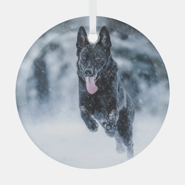 Black German Shepherd in snow Duvet Cover Glass Ornament (Front)