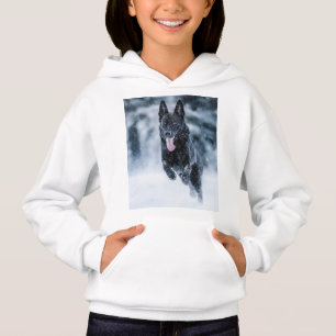 Black German Shepherd in snow Duvet Cover Hoodie