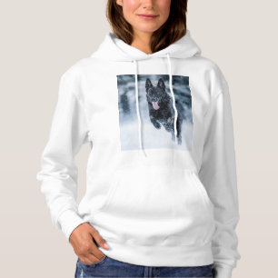 Black German Shepherd in snow Duvet Cover Hoodie