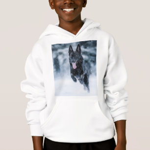 Black German Shepherd in snow Duvet Cover Hoodie