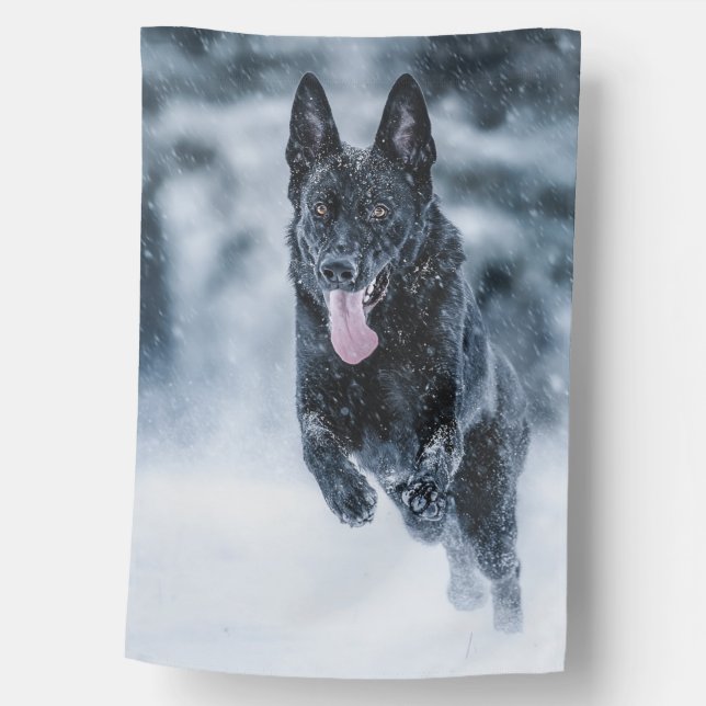 Black German Shepherd in snow Duvet Cover House Flag (Front)