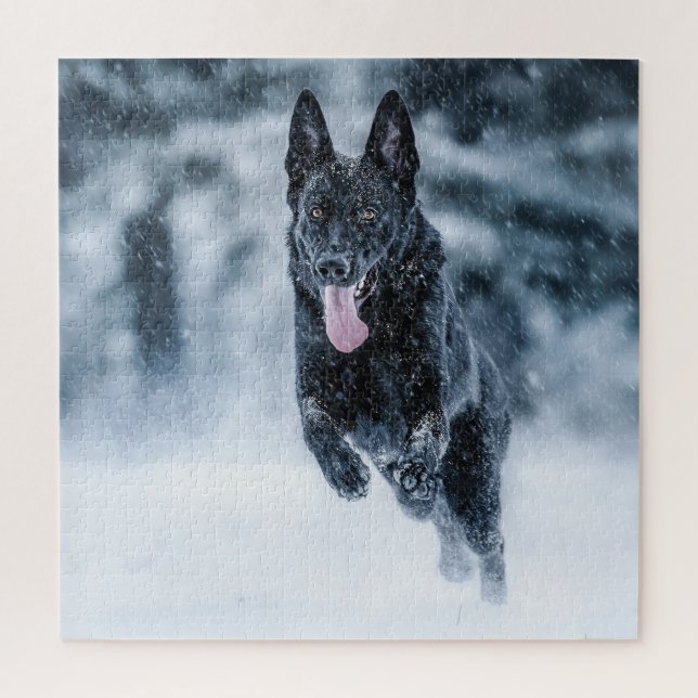 Black German Shepherd in snow Duvet Cover Jigsaw Puzzle (Vertical)