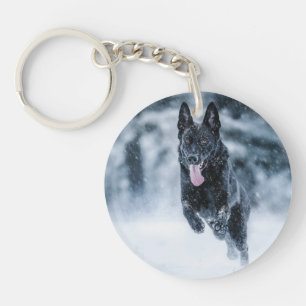 Black German Shepherd in snow Duvet Cover Keychain