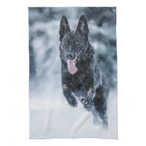Black German Shepherd in snow Duvet Cover Kitchen Towel