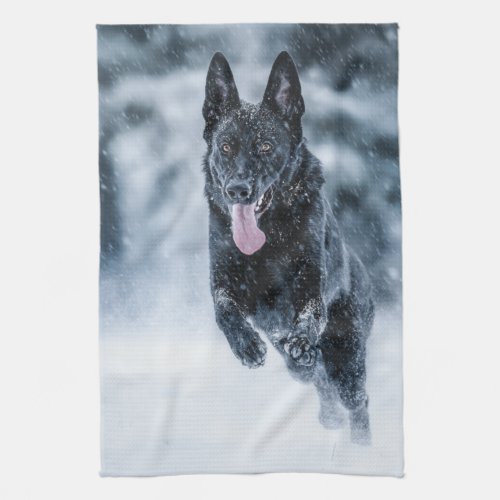 Black German Shepherd in snow Duvet Cover Kitchen Towel