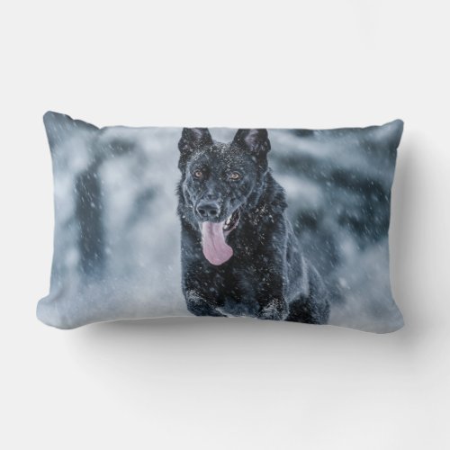 Black German Shepherd in snow Duvet Cover Lumbar Pillow