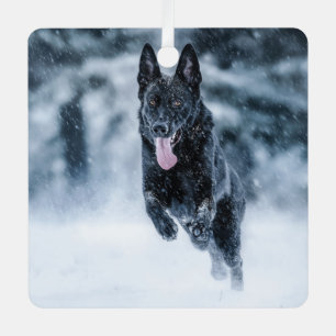 Black German Shepherd in snow Duvet Cover Metal Ornament