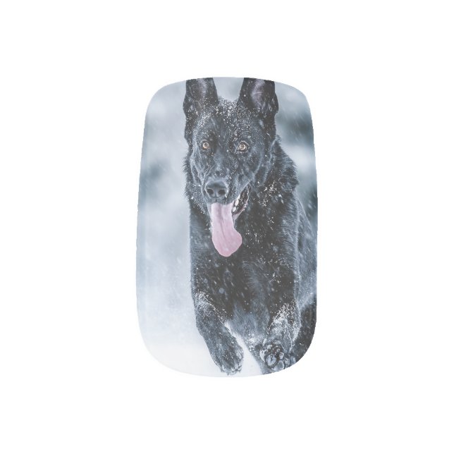 Black German Shepherd in snow Duvet Cover Minx Nail Art (Left Thumb)