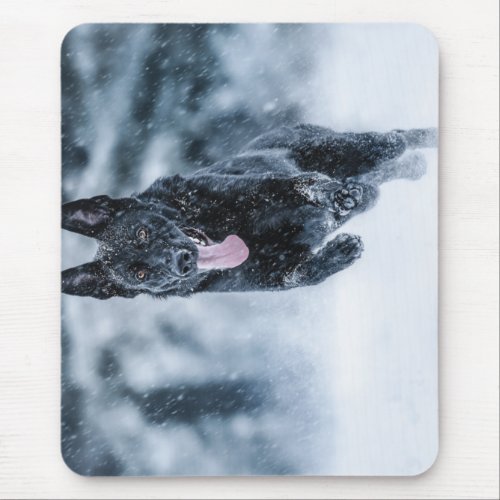 Black German Shepherd in snow Duvet Cover Mouse Pad