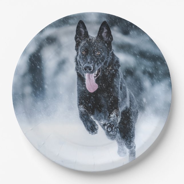 Black German Shepherd in snow Duvet Cover Paper Plates (Front)