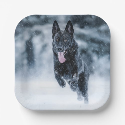 Black German Shepherd in snow Duvet Cover