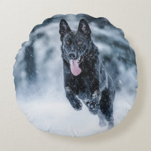 Black German Shepherd in snow Duvet Cover Round Pillow