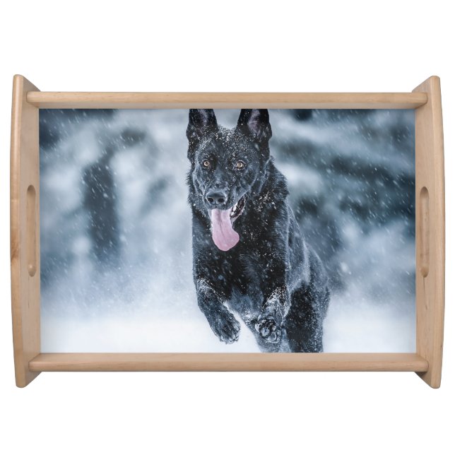 Black German Shepherd in snow Duvet Cover Serving Tray (Front)