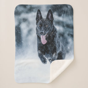 Black German Shepherd in snow Duvet Cover Sherpa Blanket