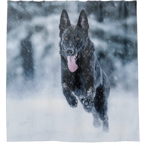 Black German Shepherd in snow Duvet Cover Shower Curtain