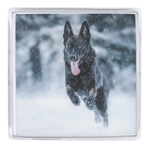 Black German Shepherd in snow Duvet Cover Silver Finish Lapel Pin