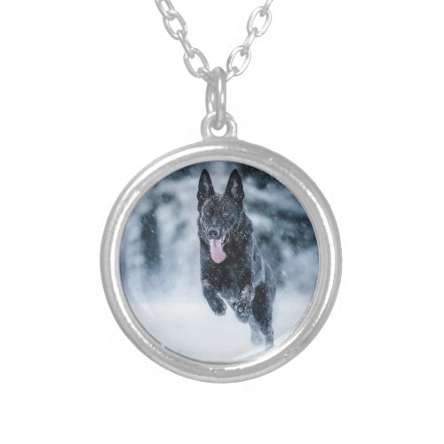 Black German Shepherd in snow Duvet Cover Silver Plated Necklace