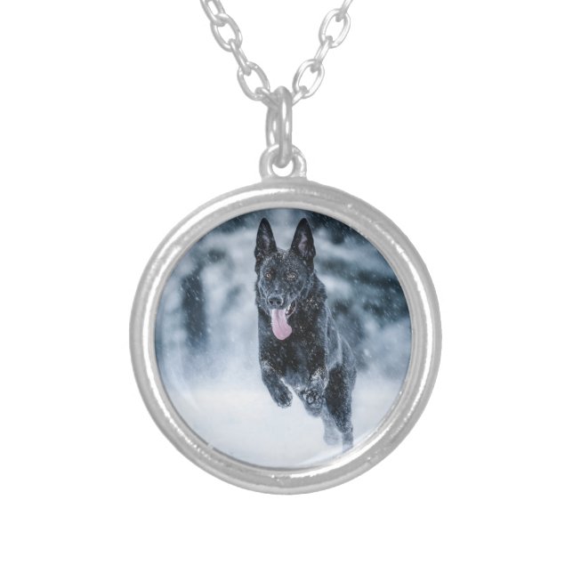 Black German Shepherd in snow Duvet Cover Silver Plated Necklace (Front)