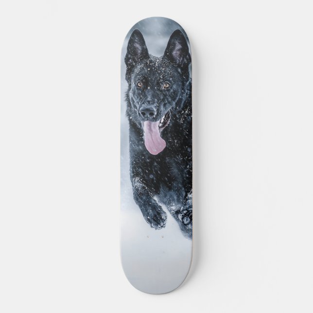 Black German Shepherd in snow Duvet Cover Skateboard (Front)