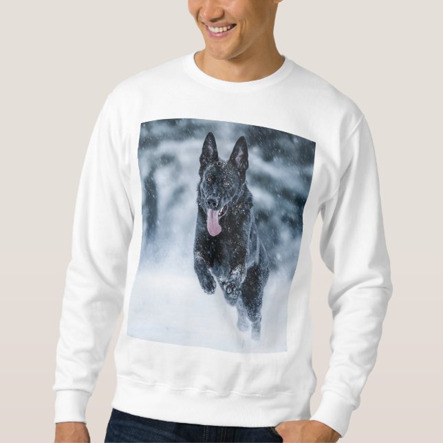 Black German Shepherd in snow Duvet Cover Sweatshirt (Front)