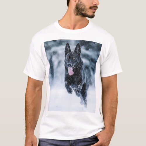 Black German Shepherd in snow Duvet Cover T_Shirt