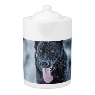 Black German Shepherd in snow Duvet Cover Teapot