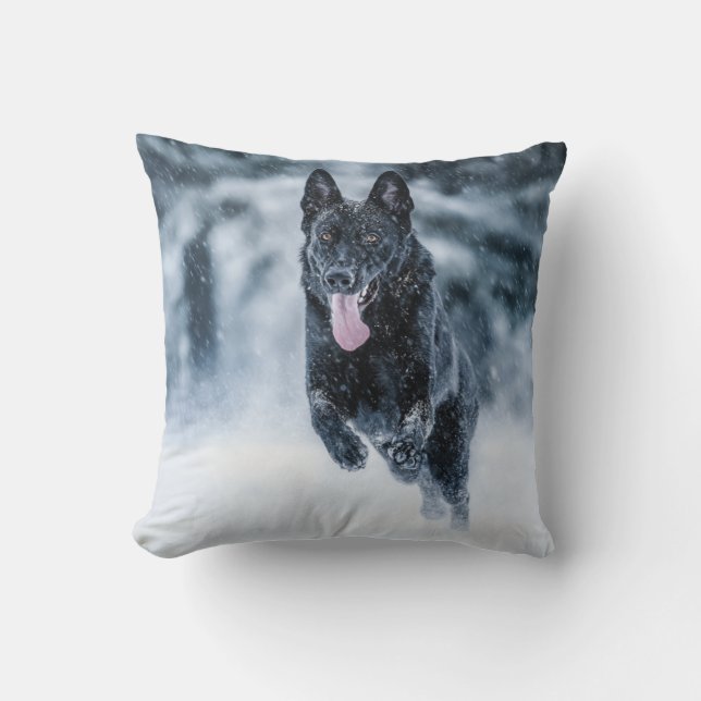 Black German Shepherd in snow Duvet Cover Throw Pillow (Front)