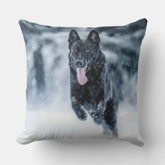 Black German Shepherd in snow Duvet Cover Throw Pillow (Front)