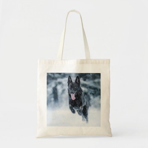 Black German Shepherd in snow Duvet Cover Tote Bag