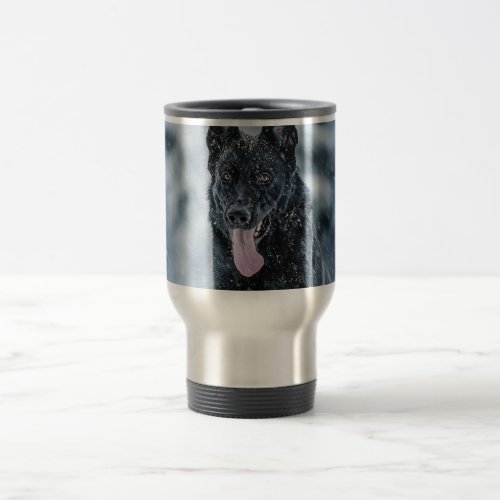 Black German Shepherd in snow Duvet Cover Travel Mug