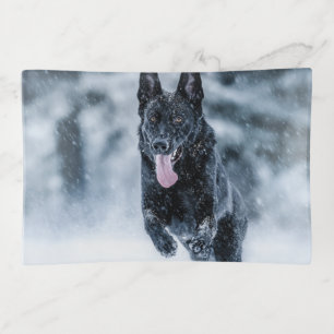 Black German Shepherd in snow Duvet Cover Trinket Tray