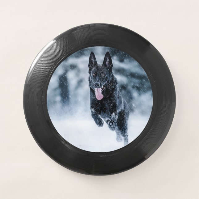 Black German Shepherd in snow Duvet Cover Wham-O Frisbee (Front)