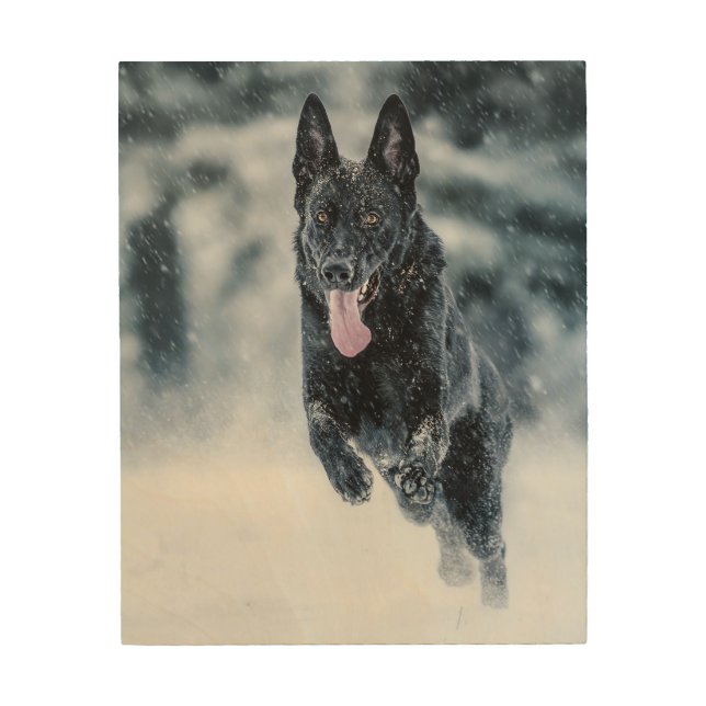 Black German Shepherd in snow Duvet Cover Wood Wall Art (Front)