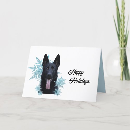 Black German Shepherd in the Snowflakes   Holiday Card