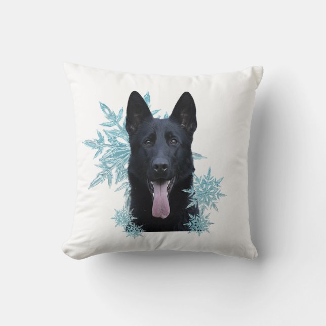 Black German Shepherd in the Snowflakes Throw Pillow (Front)