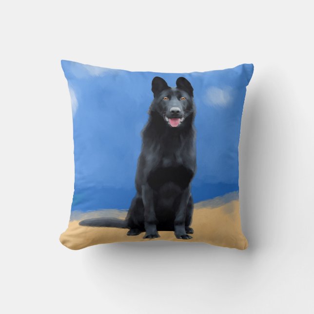 Black German Shepherd On Beach Throw Pillow (Front)