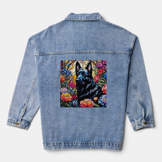 Black German Shepherd Stained Glass Garden  Denim Jacket (Back)