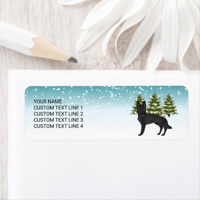 Black German Shepherd Winter Forest Custom Text Label (Insitu)