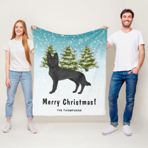 Black German Shepherd Winter Forest Family Name Fleece Blanket