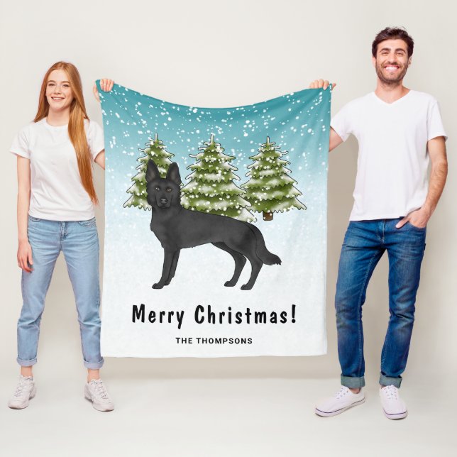 Black German Shepherd Winter Forest Family Name Fleece Blanket (In Situ)