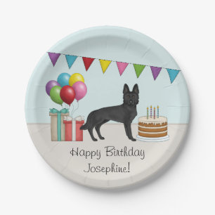 Black German Shepherd With Cake Colorful Birthday Paper Plates