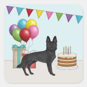 Black German Shepherd With Cake Colorful Birthday Square Sticker