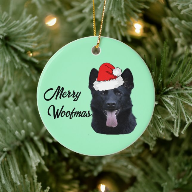 Black German Shepherd with Santa Hat   Ceramic Ornament (Tree)