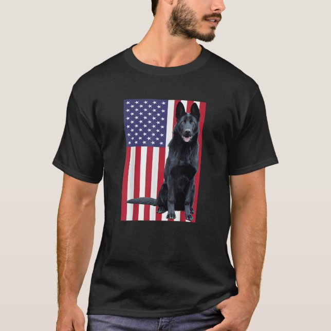Black German Shepherd with US Flag T-Shirt (Front)