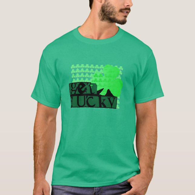 Black Get Lucky Clover St Patrick Green Men Tee (Front)